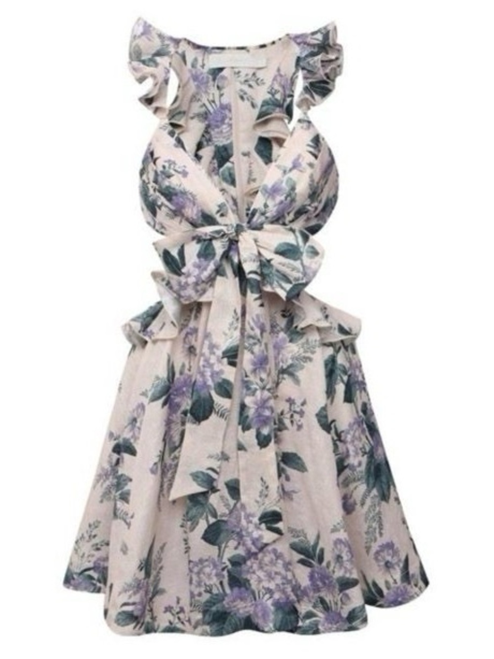 Zimmermann Pink Lilac Floral Ruffle Tie-Waist Mini Dress